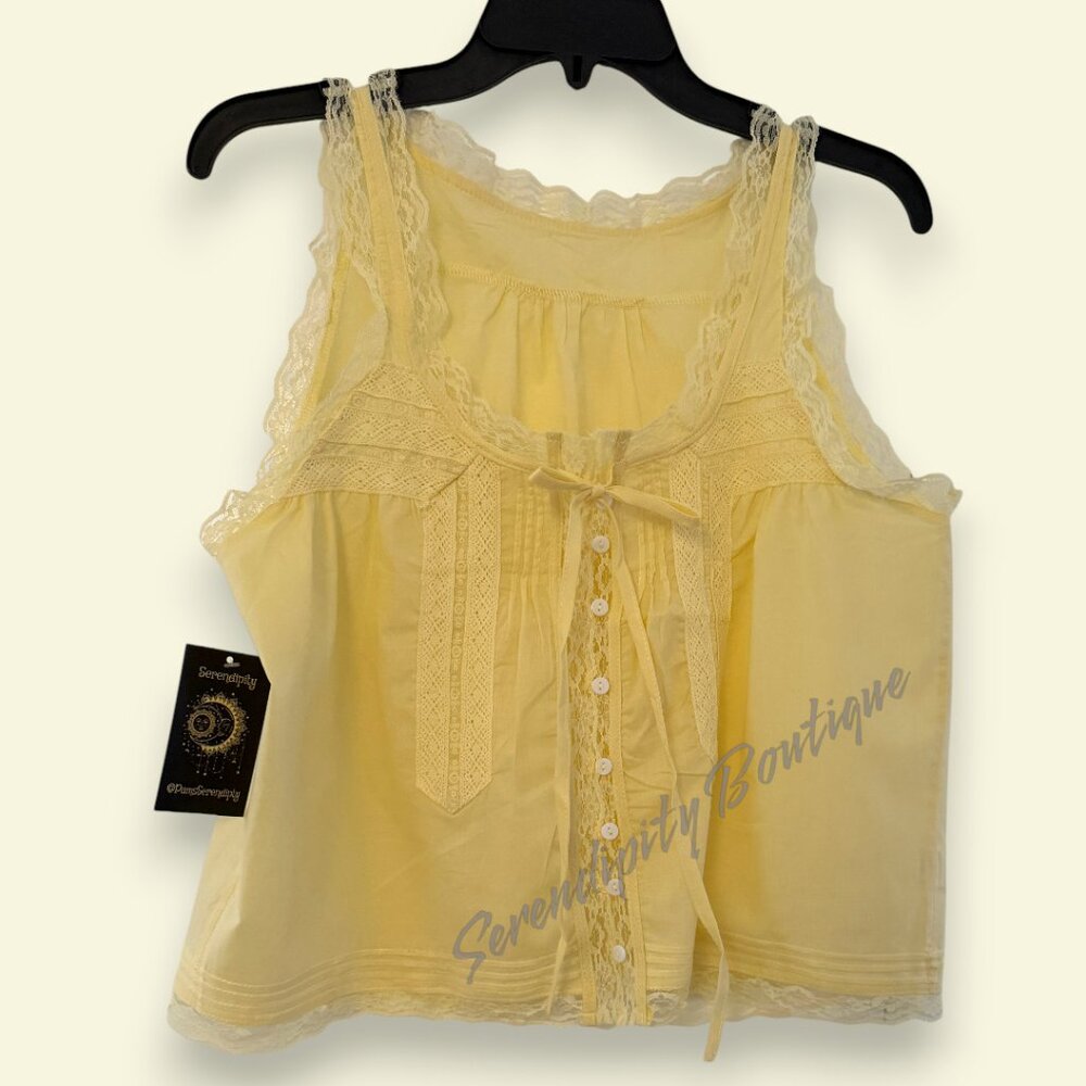 Boho Buttercup Yellow Linen Lace Feminine Peasant Sleeveless Top Blouse - Picture 7 of 11
